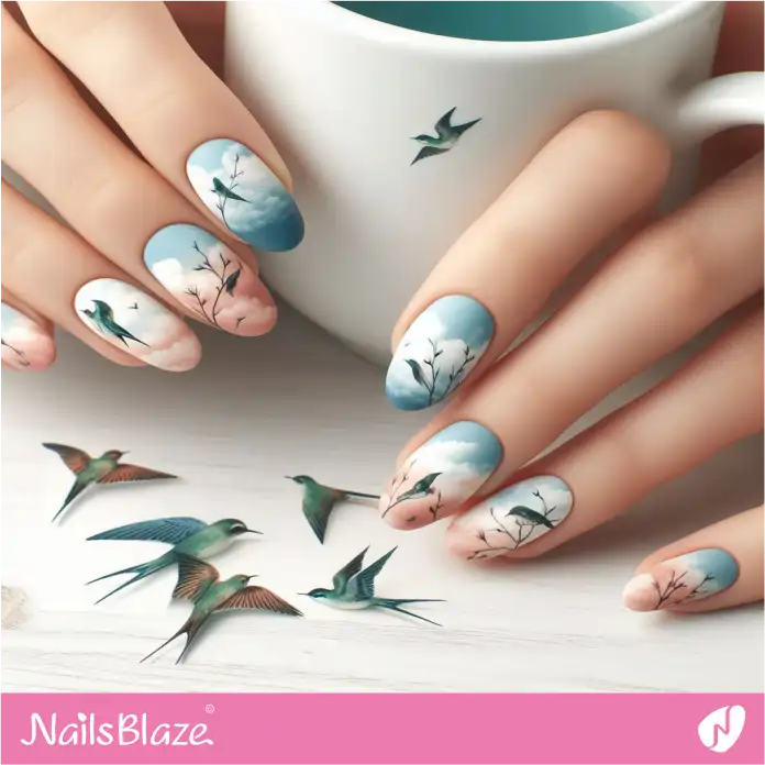 Sky and Birds Watercolor Nail Design | Paint Nail Art - NB2233